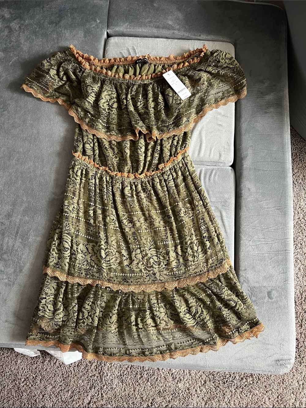 BEBE Olive Green Lace Trim Ruffle Dress- NWT, size small